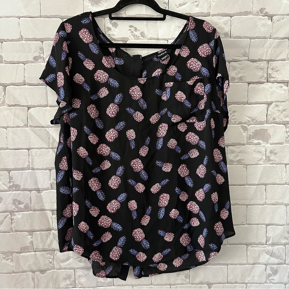 Torrid Black Top with Pink and Blue Floral Design